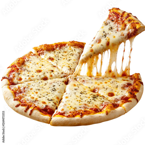 A hyper-realistic photo of a cheese pizza with one slice being pulled out and the other pieces dripping cheese transparent, alpha background png