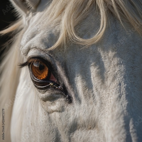 A close-up of a white horse’s face, its intelligent eyes gazing forward.