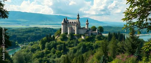 Majestic castle perched atop verdant hill, overlooking serene landscapes