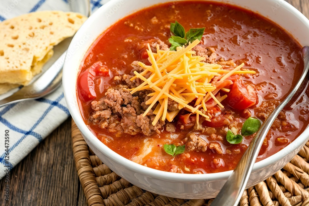 Lasagne soup with ground beef, tomato and cheese