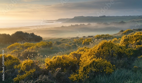 Golden Coastal Sunrise Landscape with Misty Fields