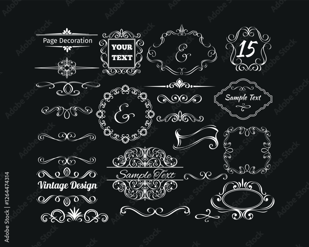 Design elements gold set, decorative flourish border corner and frame collection for invitation, menu and page decoration. Floral ornament, decorative vector frames and borders. Design elements gold set, decorative flourish border corner and frame collection for invitation, menu and page decoration. Floral ornament, decorative vector frames and borders.