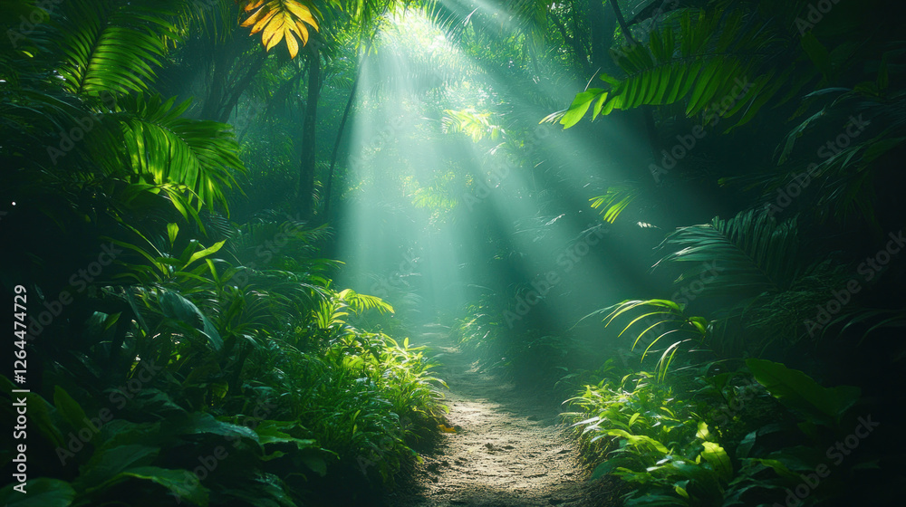 Obraz premium Tropical rainforest path winding through dense greenery, with sunlight breaking through the canopy