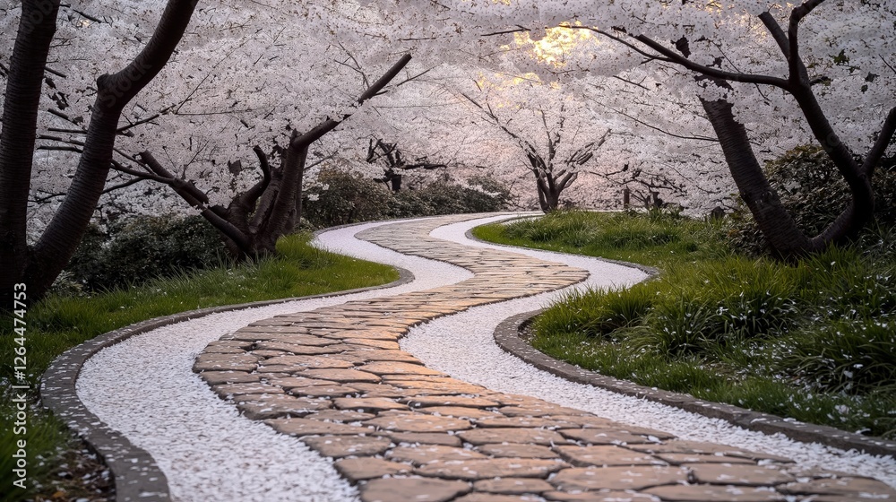 A winding stone pathway lined with cherry blossom trees in full bloom, covered with delicate petals, surrounded by lush grass and illuminated by soft golden light A winding stone pathway lined with cherry blossom trees in full bloom, covered with delicate petals, surrounded by lush grass and illuminated by soft golden light