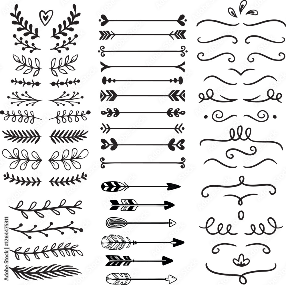 Gold text dividers doodle set. Wedding decorative elements. Divider ornament, borders, floral, vintage line separators. Hand drawn vector illustration isolated on white background. Set page dividers.