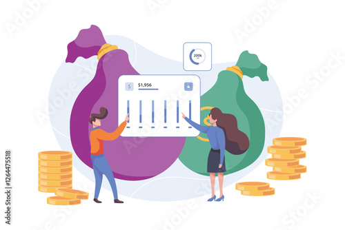 Investment growth and stock market analysis flat illustration concept, financial planning, wealth creation, and business success. Vector flat style