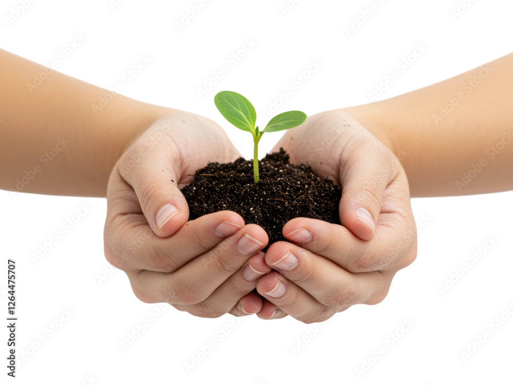 Close-up of a small seedling nestled in a small clump of dark rich soil, held delicately in a person's hands against a pure white background Close-up of a small seedling nestled in a small clump of dark rich soil, held delicately in a person's hands against a pure white background