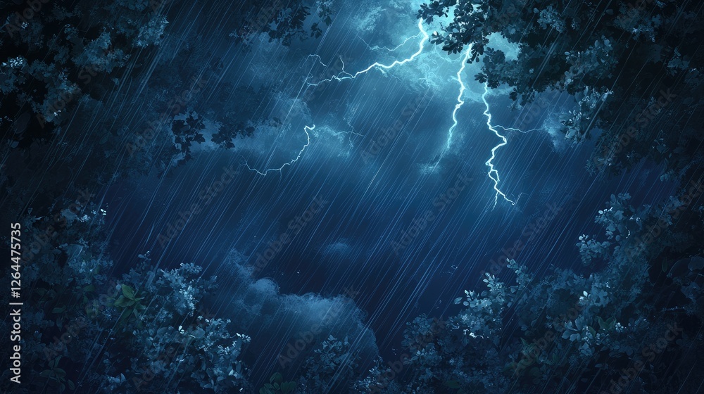 Obraz premium An overhead view of a stormy sky with heavy rain and gusty winds, showing dark, menacing clouds and a glimpse of a lightning bolt illuminating the scene.