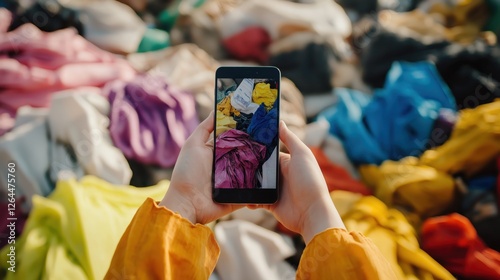 Person taking photo of fabric waste for recycling awareness  
