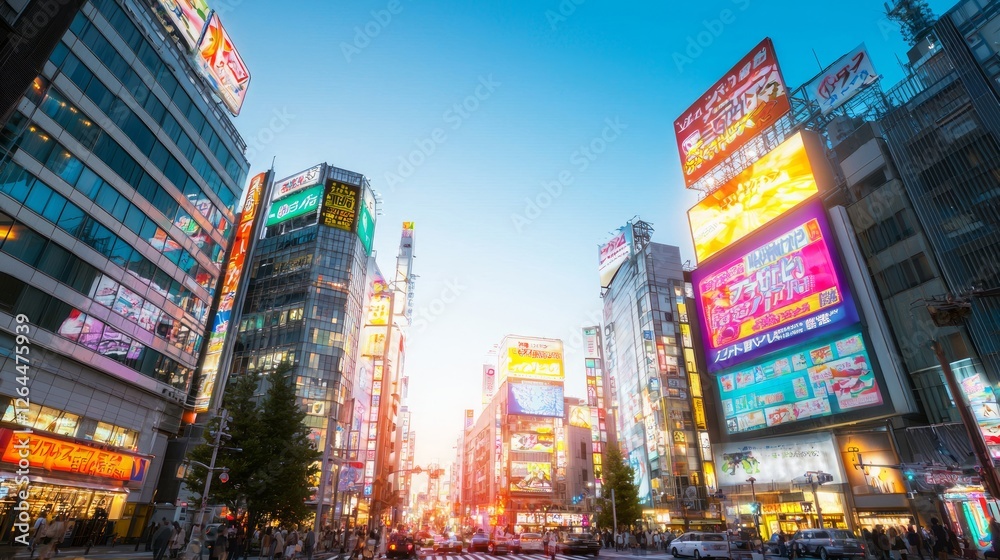 Obraz premium Stunning Rooftop View of Vibrant Commercial District at Dusk