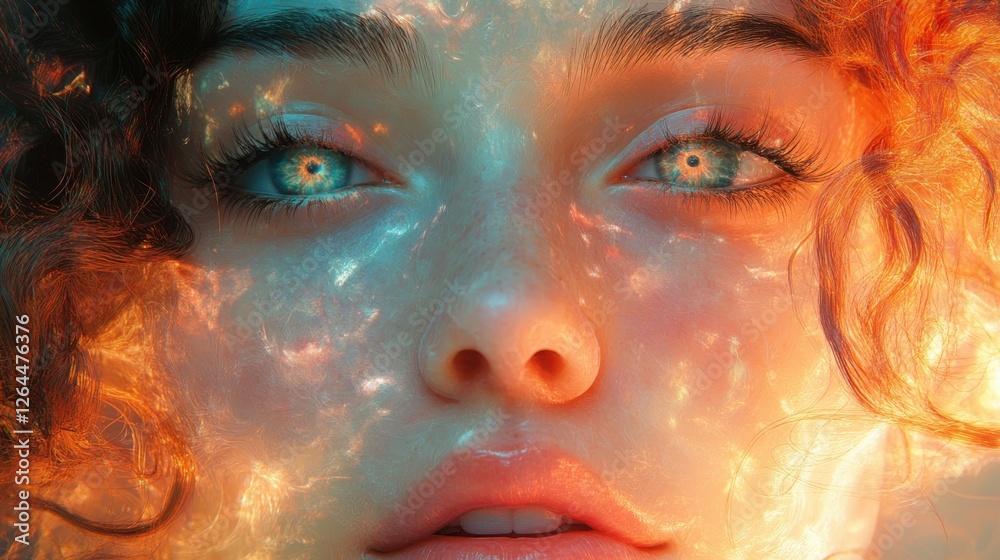 Obraz premium Close Up Portrait of a Woman with Glowing Fire and Sparkles