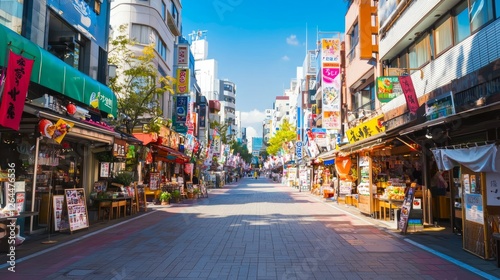 Bustling Thoroughfare Lined with Colorful Shops and Vendors