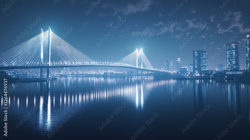 Obraz premium Modern Suspension Bridge Spanning River with City Lights at Night