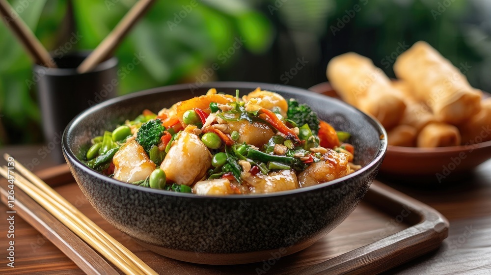A charming image of a bowl of being enjoyed with a variety of traditional Thai side dishes, including stir-fried vegetables and crispy spring rolls. A charming image of a bowl of being enjoyed with a variety of traditional Thai side dishes, including stir-fried vegetables and crispy spring rolls.