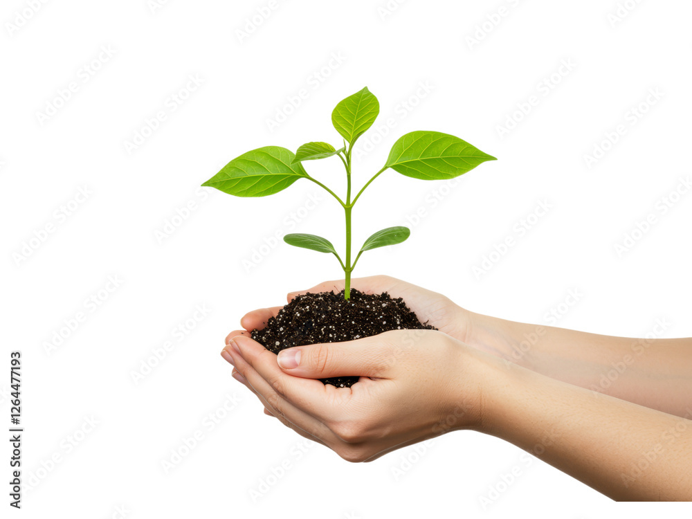 A close-up, full shot of two hands holding a small seedling planted in soil A close-up, full shot of two hands holding a small seedling planted in soil