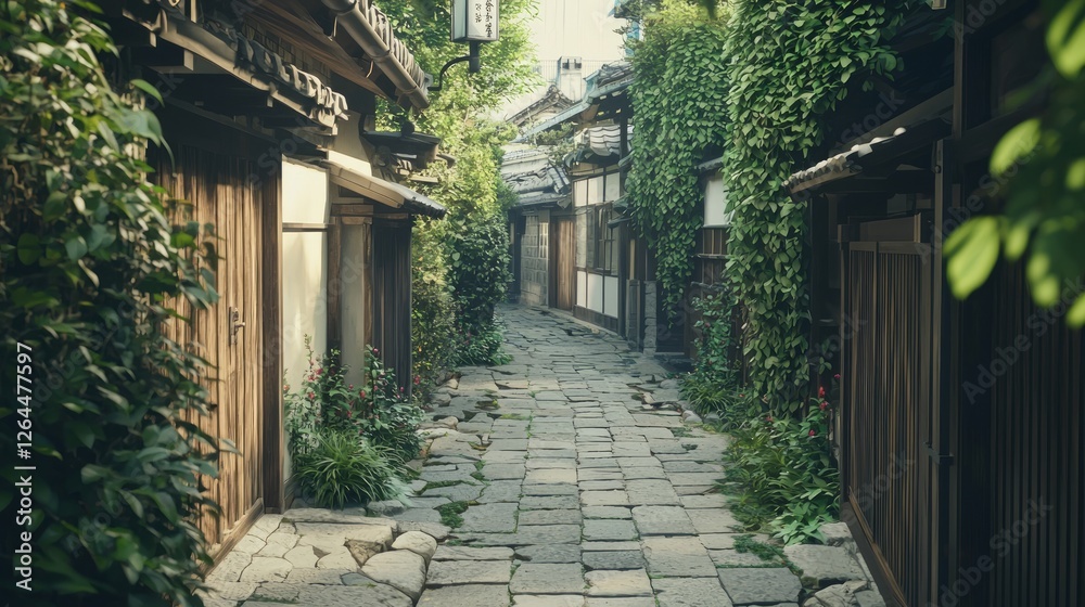 Serene Rustic Alley with Stone Paving Surrounded by Greenery Serene Rustic Alley with Stone Paving Surrounded by Greenery