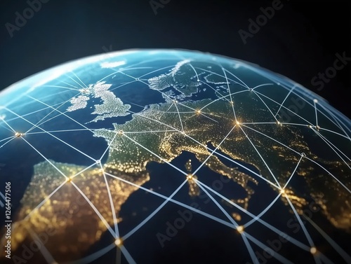 Illuminated Europe at Night with Connecting Network Lines Symbolizing Global Communication
