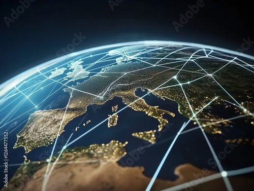 Global Connectivity Illustrated with Nighttime Earth View Showcasing Bright Lights and Network Lines
