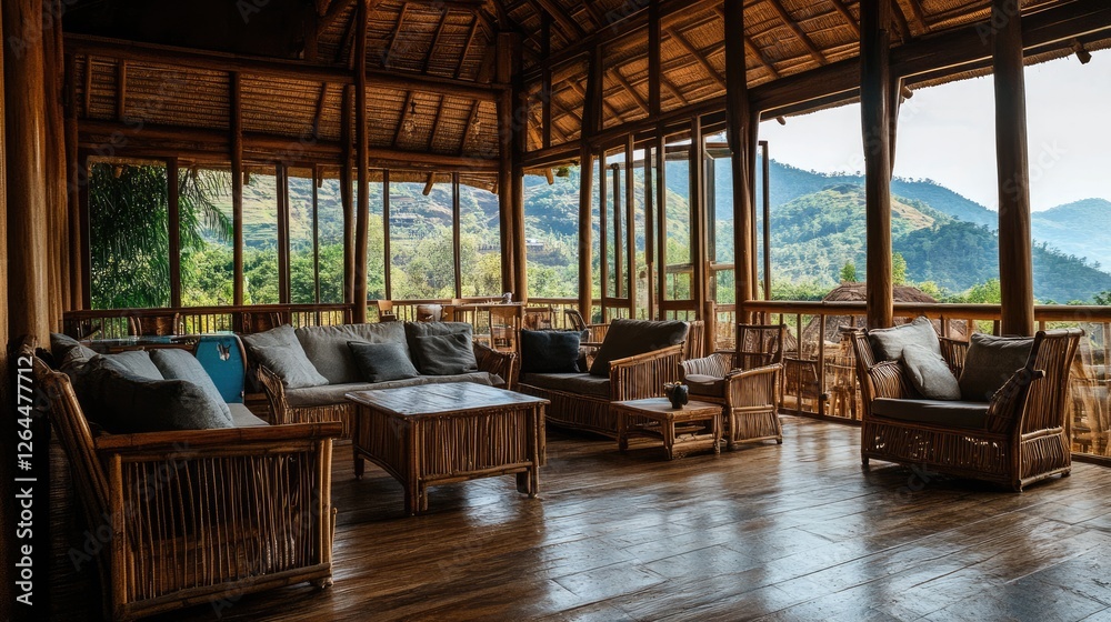 Fototapeta premium Eco-friendly caf with bamboo furniture and recycled materials