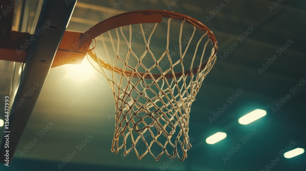 A close-up of a basketball hoop and net, with the ball approaching or already in the basket, set against the backdrop of a gymnasium with bright lights.