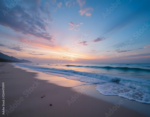 Pastel skies meet tranquil waves at a serene beach sunrise scenery