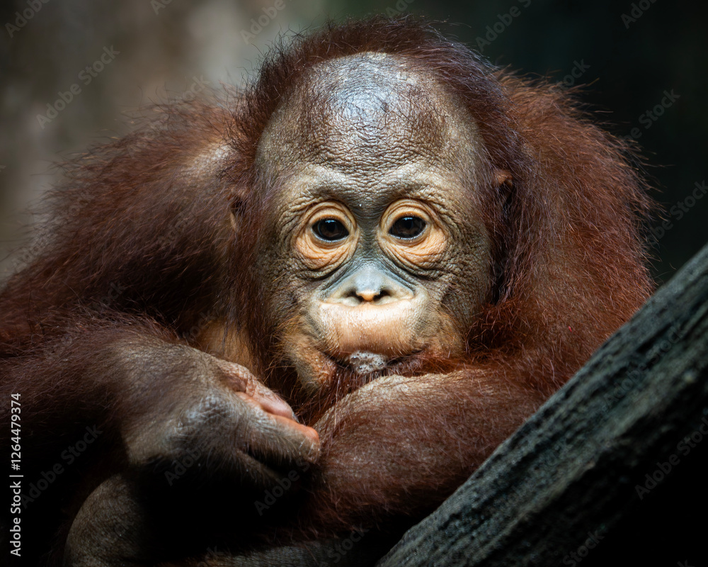 Close-Up Portrait of a Young Orangutan Resting Thoughtfully on a Tree Close-Up Portrait of a Young Orangutan Resting Thoughtfully on a Tree