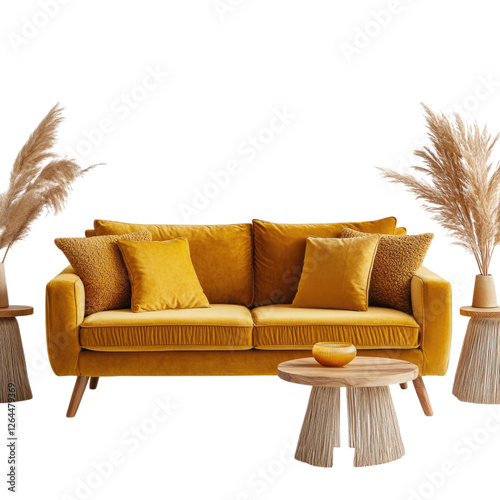 A mustard-colored sofa with wooden legs and two side tables on a white background transparent, alpha background png photo