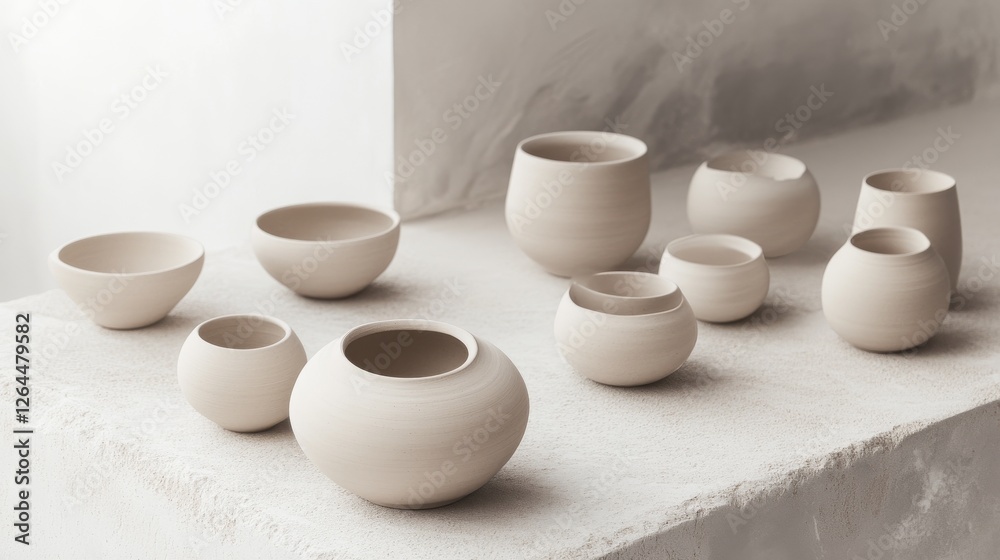 Unique handcrafted pottery pieces displayed on a minimalist stone surface in a serene setting Unique handcrafted pottery pieces displayed on a minimalist stone surface in a serene setting