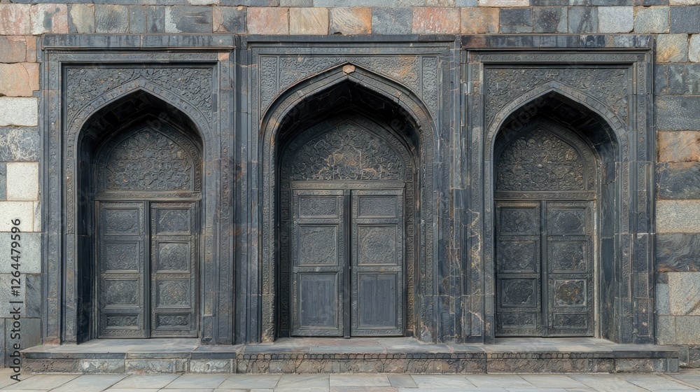 Intricate stone-carved doorways with arches against a textured wall, showcasing historical architecture