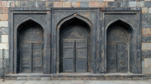 Obraz na płótnie Intricate stone-carved doorways with arches against a textured wall, showcasing historical architecture w salonie