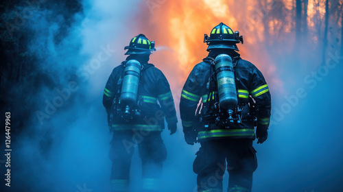 First responders working as a team during a fire rescue operation, with equipment in action photo