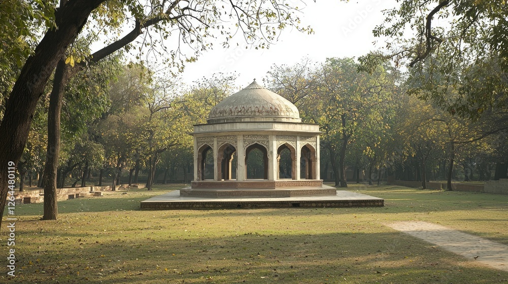 Serene architectural structure in a lush park setting with autumn foliage and tranquil atmosphere