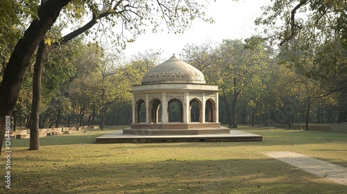 Serene architectural structure in a lush park setting with autumn foliage and tranquil atmosphere