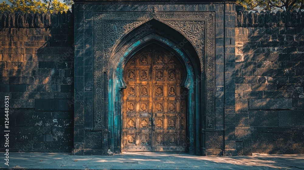 Ornate wooden door set in a stone wall, illuminated by soft sunlight, surrounded by greenery