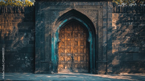 Obraz na płótnie Ornate wooden door set in a stone wall, illuminated by soft sunlight, surrounded by greenery w salonie