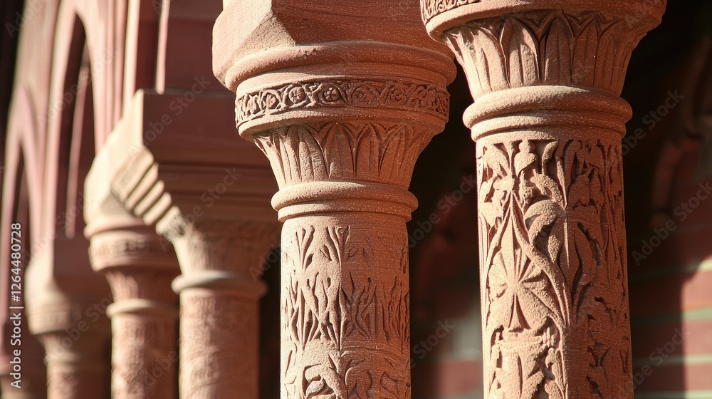 Intricate carved columns showcasing detailed floral patterns in historic architecture