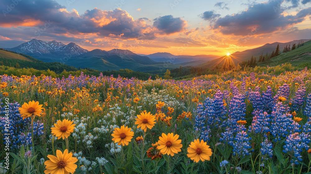 Fototapeta premium Golden sunset over a mountain valley, with wildflowers glowing in the warm light