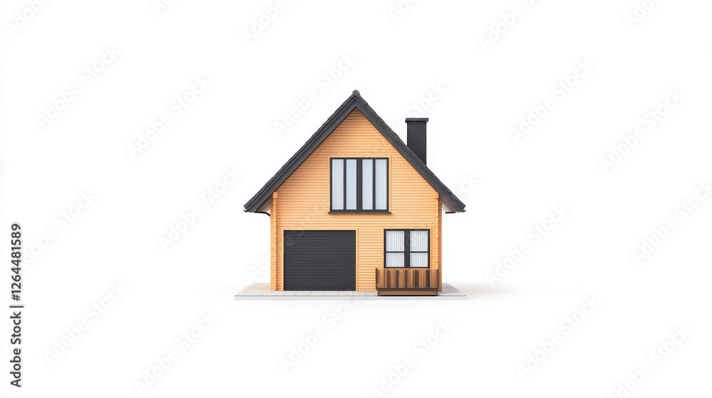 A modern wooden house with large windows and a garage, set against a minimalist background