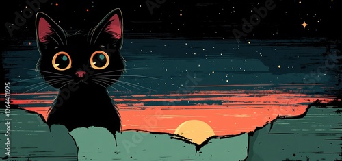 Black Cat Watching Sunset: A Nighttime Serene Landscape