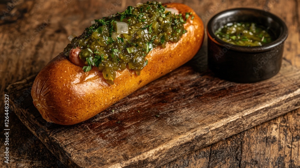 Delicious gourmet hot dog topped with green relish served on a rustic wooden board