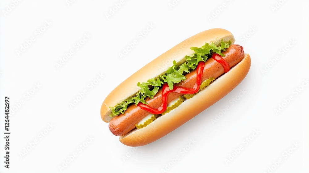 Freshly prepared hot dog with lettuce, ketchup, and pickles on a clean white background