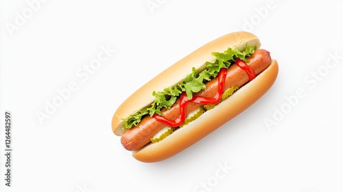 Obraz na płótnie Freshly prepared hot dog with lettuce, ketchup, and pickles on a clean white background w salonie