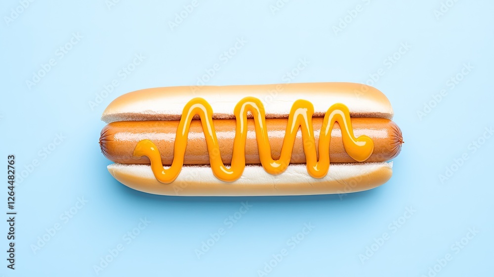 A delicious hot dog with mustard on a light blue background, perfect for food-related projects