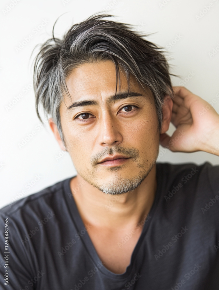 A photo of the Japanese man with short hair, styled in a messy and stylish fashion. The hair is light brown or greyish-brown, giving it an edgy appearance. He has sharp facial features A photo of the Japanese man with short hair, styled in a messy and stylish fashion. The hair is light brown or greyish-brown, giving it an edgy appearance. He has sharp facial features