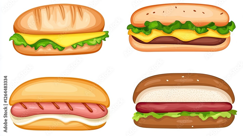 Four delicious sandwich illustrations featuring various fillings and toppings on fresh bread