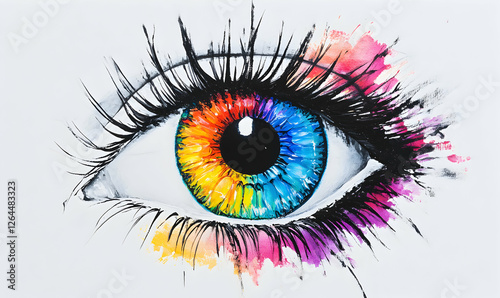 Vibrant rainbow eye painting, abstract art, colorful iris, expressive eyelashes, watercolor splashes, creative vision, artistic eye.