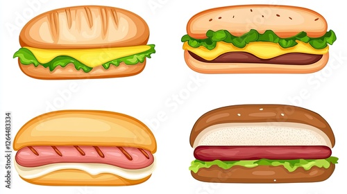 Obraz na płótnie Four delicious sandwich illustrations featuring various fillings and toppings on fresh bread w salonie