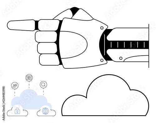 Robotic hand points with index finger Cloud computing icons representing security, internet, and communication. Ideal for technology, automation, cloud computing, AI, cybersecurity, innovation