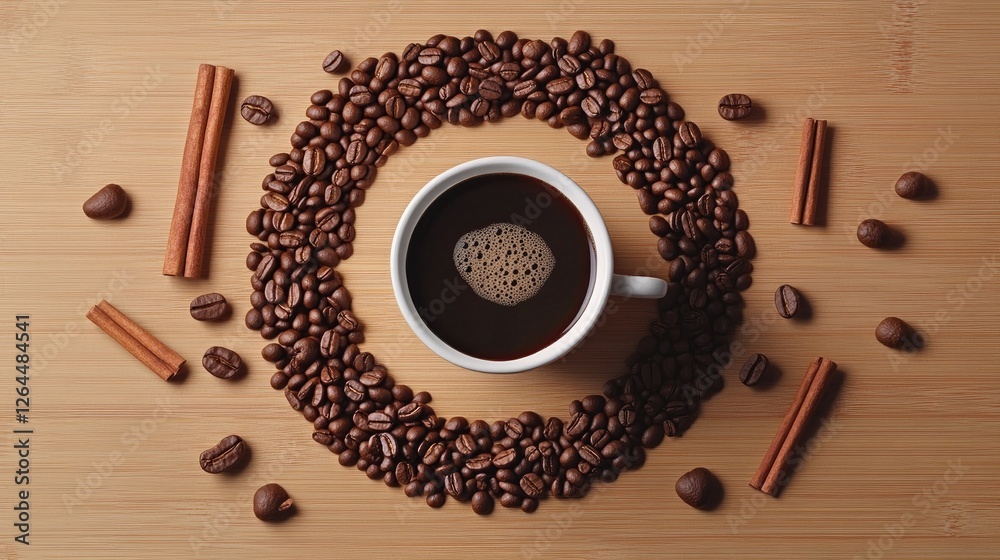 A dynamic flat lay of coffee beans forming a spiral around a cup of espresso, with cinnamon sticks and chocolate chunks artfully placed on a wooden surface. A dynamic flat lay of coffee beans forming a spiral around a cup of espresso, with cinnamon sticks and chocolate chunks artfully placed on a wooden surface.