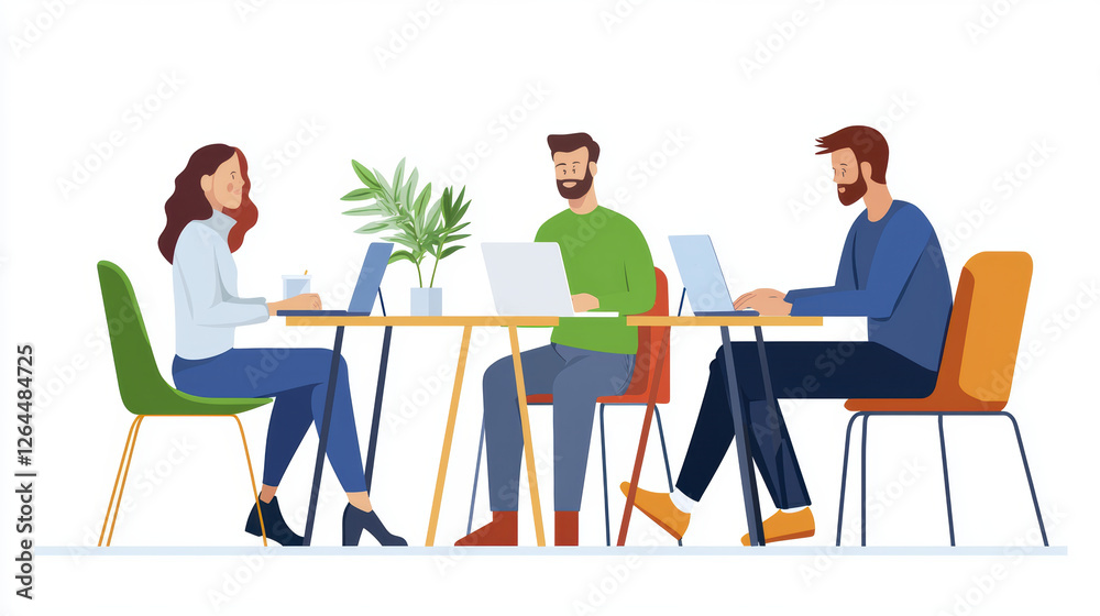 Collaborative workspace with three people working on laptops, focused and engaged. plant adds touch of nature to modern setting Collaborative workspace with three people working on laptops, focused and engaged. plant adds touch of nature to modern setting